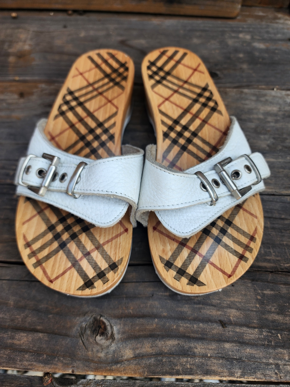 Vtg Burberry Nova Check Wood Slide Sandals White Leather Clogs